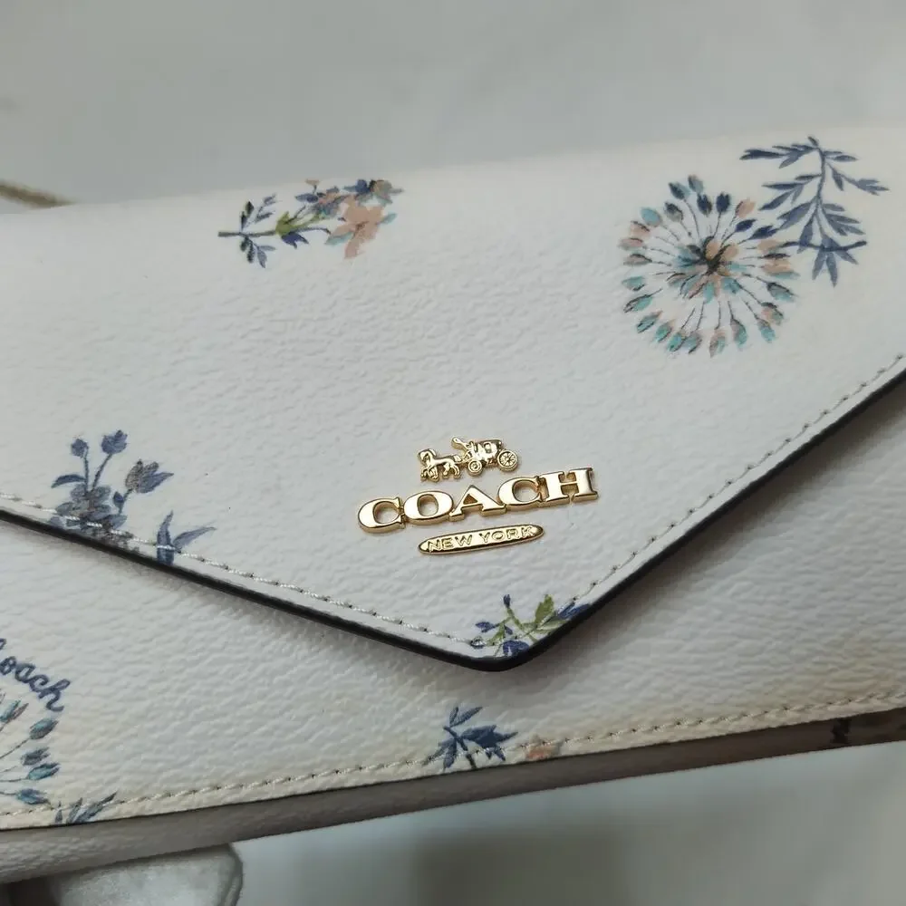 Coach White Leather Floral Flap Closure Crossbody Credit Card Wallet